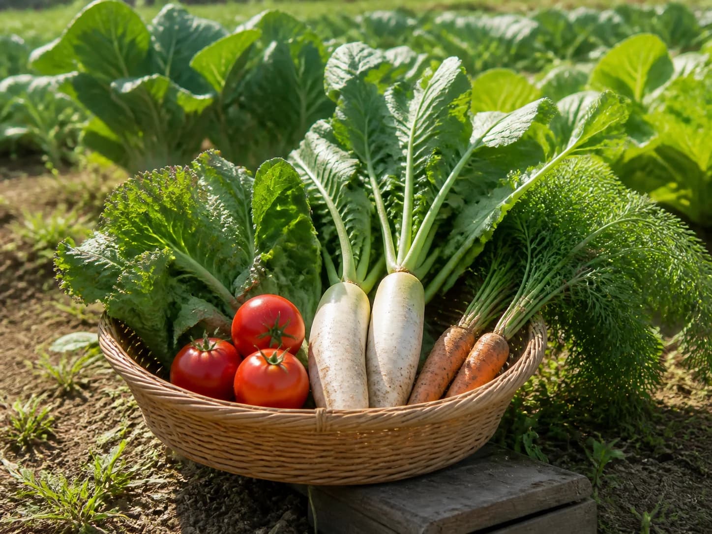 畑で収穫した野菜のかご